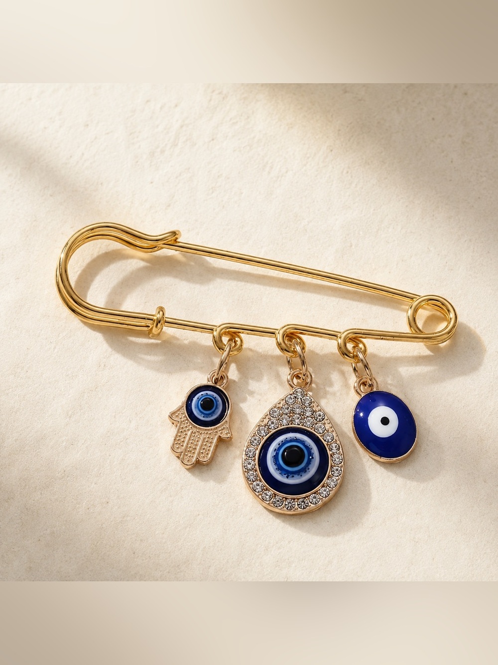 Gold Tone Evil Eye Hamsa Charm Safety Pin Brooch